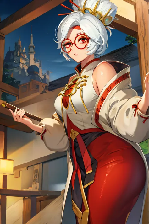 White hair、short-hair、Large round glasses、Red glasses、Red Eyes、