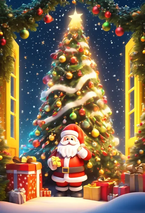 3D rendering, Christmas night scene, with a large Christmas tree in the middle of the poster, adorned with colorful lights, starry curtains in the sky, and gift boxes on the snow. A cute and kind Santa Claus holding a gift, with a warm yellow background an...