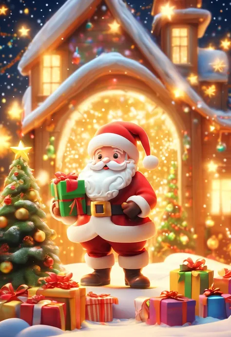 3D rendering, Christmas night scene, with a large Christmas tree in the middle of the poster, adorned with colorful lights, starry curtains in the sky, and gift boxes on the snow. A cute and kind Santa Claus holding a gift, with a warm yellow background an...