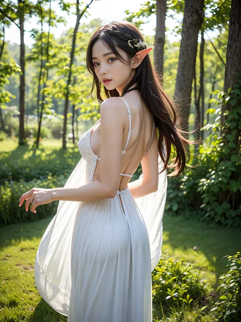 Graceful elven girl standing in meadow, Delicate face illuminated by the soft light of the setting sun. Her long, Flowing hair runs down your back, Decorated with intricate braids、Adorned with sparkling gemstones. This great photo is、、、It captures the ethe...