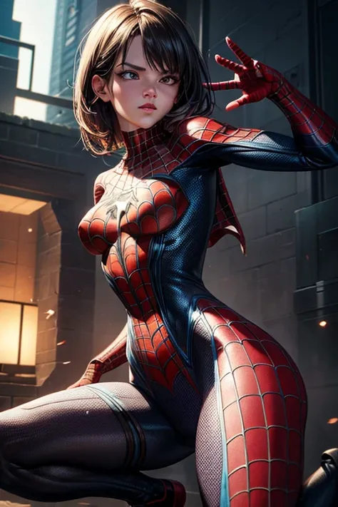 girl, comic accurate Spider Man costume, combat stance, highly detailed, vibrant appearance, creative behavior, extremly detailed, imaginative, sensual, spontaneous, small breasts, sexi, highest quality, skin texture, intricate details, (cinematic lighting...