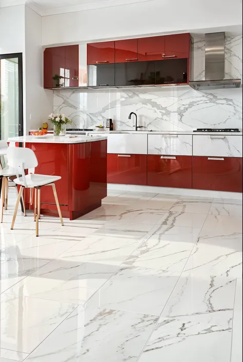 there is a red and white kitchen with a table and chairs, red and white marble panels, marmore flats, esquema de cores branco e ...