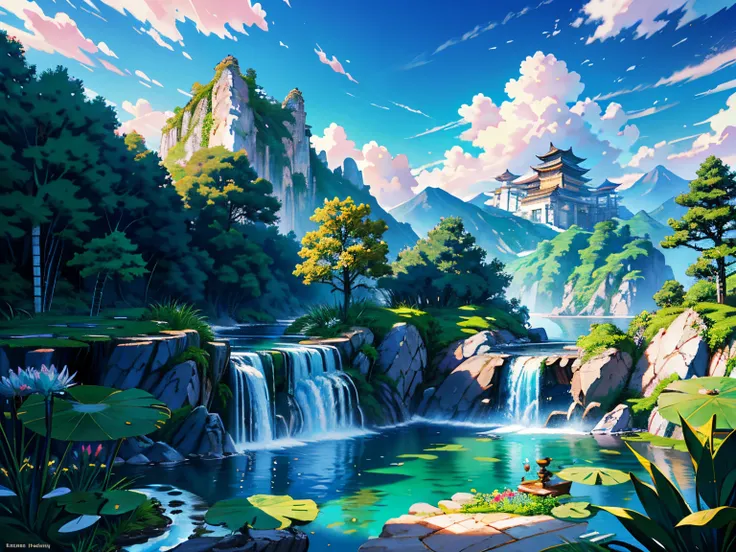 ancient Chinese architecture，blue sky，white clouds，garden，of bamboo，lakes，Stone，rockery，arches，corners，the trees，running water，landscape，out door，waterfalls，Grassland，Rock，water lilies，onsen，water vapour，（illustartion：1.0），Epic composition，Realistic lighti...