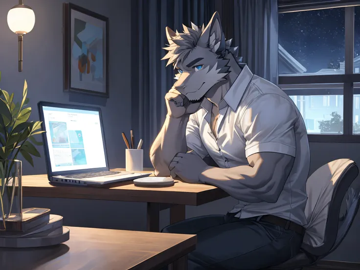 Masterpiece, Solo, Furry Gray Dragon, Gray Fur, Blue Eyes, Gray Short Hair, Medium Muscular Body, Handsome, Good Looking, Casual Shirt, Fierce, Sitting in chair, table, focus doing task in laptop, night time, bedroom.