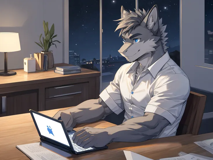 Masterpiece, Solo, Furry Gray Dragon, Gray Fur, Blue Eyes, Gray Short Hair, Medium Muscular Body, Handsome, Good Looking, Casual Shirt, Fierce, Sitting in chair, table, focus doing task in laptop, night time, bedroom.