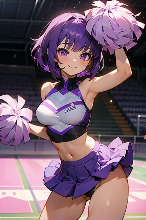 redraw, 1girl, short purple hair, bangs, purple eyes, cheerleader outfit, medium breasts, smile, thighs,