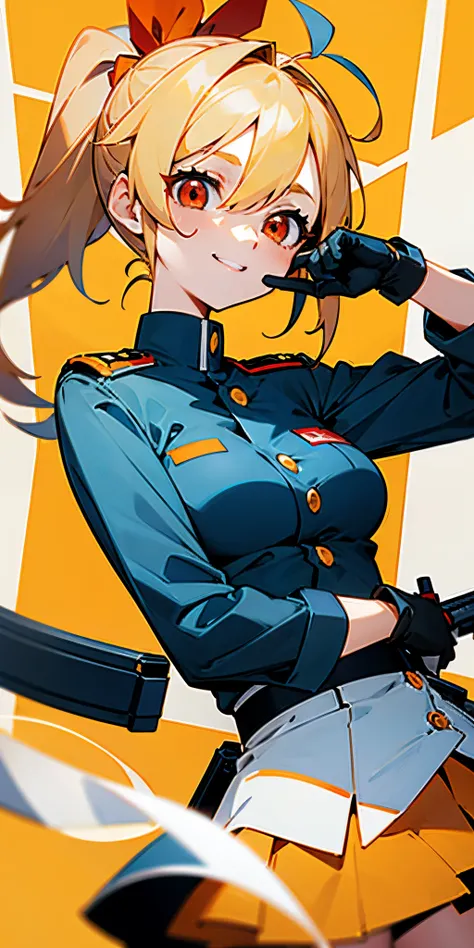 Only 1 Girl, Blonde ponytail、Ahoge、big round red eyes、small tits, A smile、gloves that make you laugh, pistol, Military uniform based on orange color, nano_military half fred mini skirt_uniform, rifle, blue-sky, upper body bromide