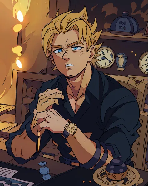 araffe man in black shirt sitting at table with a watch, HD, ((super saiyan)),(drawing, manga, ((masterpiece)) 4k, ((manga-style)) drawing style, character concept, super saiyan shape, ((blonde hair:1.3)), blue eyes, Son Goku, (spiked up hair),