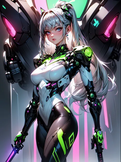 absurderes,(​masterpiece、top-quality,intricate detailes),ultra-detailliert、1beautiful woman,(Machine Girl 1.3),Purple long hair,(Mechanical body,mechanical arms :1.4),(greenr&Silver metallic body:1.3),(weapon ,laser sword :1.3),Neon Light Parts,Red glowing...