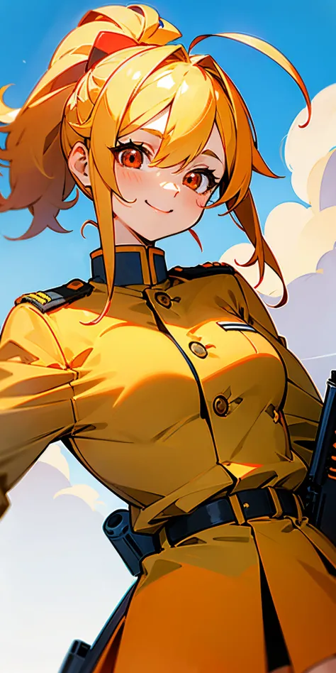 Only 1 Girl, Blonde ponytail、Ahoge、big round red eyes、small tits, A smile、gloves that make you laugh, pistol, Military uniform based on orange color, nano_military half fred mini skirt_uniform, rifle, blue-sky, upper body bromide