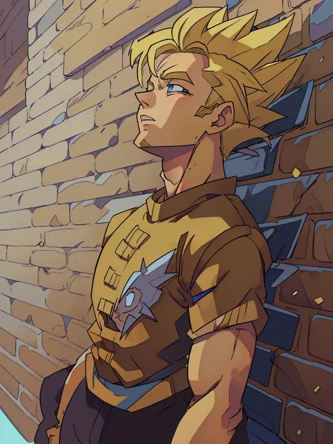 arafed man leaning against a brick wall with his eyes closed,HD, ((super saiyan)),(drawing, manga, ((masterpiece)) 4k, ((manga-style)) drawing style, character concept, super saiyan shape, ((blonde hair:1.3)), blue eyes, Son Goku, (spiked up hair),