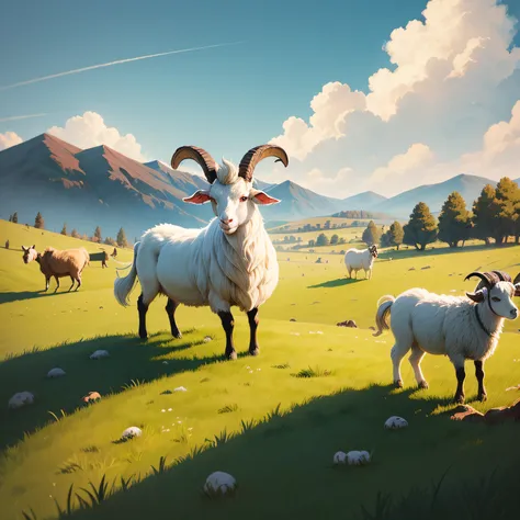 Illustration style，goats，sheep horns，grassy fields，Warm daylight