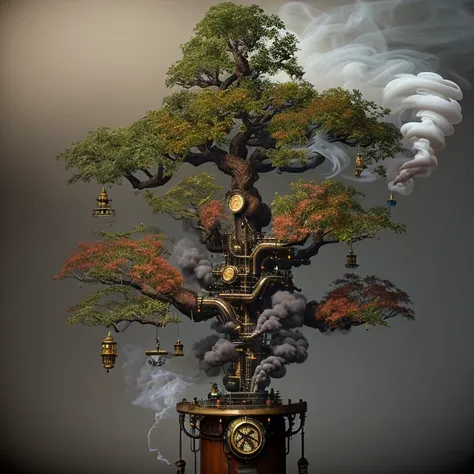 Live art tree like a dream, Colorful smoke, Insane details, Steampunk details, Intricate details, hyperdetails,