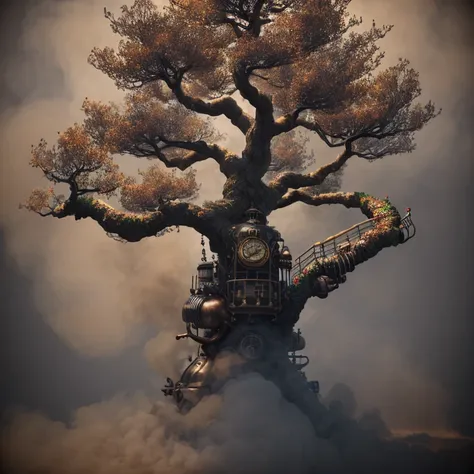 Live art tree like a dream, Colorful smoke, Insane details, Steampunk details, Intricate details, hyperdetails,