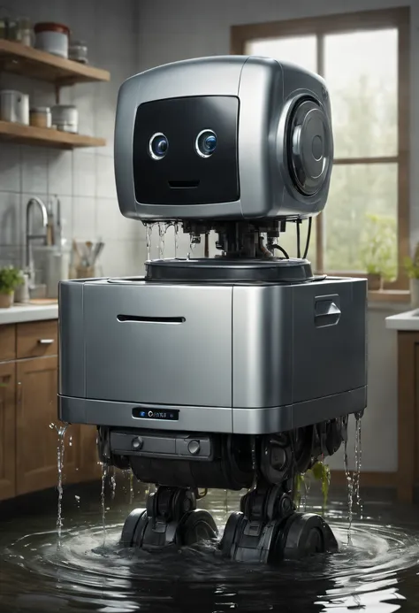 cinematic realism, Cute cube robot washing machine in the kitchen, There is a small spout in the center of the bottom of the body，There is black oil flowing out, The robot has a relaxed expression，ssmile, emptying into swampy waters, The is very detailed, ...