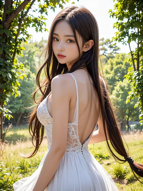 Graceful elven girl standing in meadow, Delicate face illuminated by the soft light of the setting sun. Her long, Flowing hair runs down your back, Decorated with intricate braids、Adorned with sparkling gemstones. This great photo is、、、It captures the ethe...