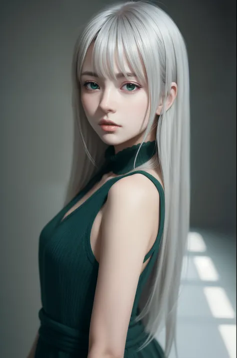 animemanga girl，Oil painting art style，Girl in the crowd，Silvery hair，Beautiful facial features，Euro-American style girl，Harry Potter fan art，Dark green and light gray style，animation aesthetics，Cool and elegant female figure，
Focus focus，Back light，Artist...