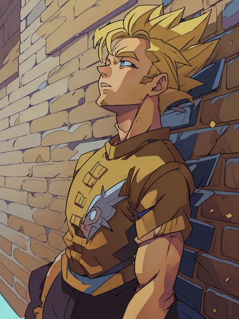 arafed man leaning against a brick wall with his eyes closed,hd, ((super saiyan)),(drawing, manga, ((masterpiece)) 4k, ((manga-s...