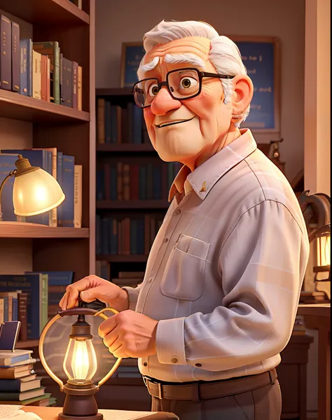 A wise old man standing in front, illuminated by the light of a lamp, against the backdrop of a library