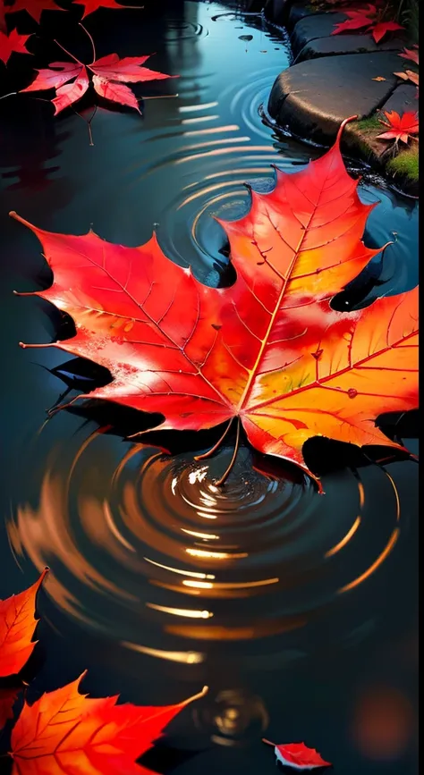 Red leaf lying on a puddle