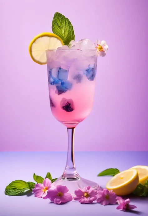 Refreshing and elegant, a beautiful layered cocktail, purple, blue and pink mug filled with crushed ice, decorated with lemon slices and delicate flowers, on a clean, minimalist pink background, Studio, SONY A7R II,90mm f,2.8 macro, bright, crisp colors, n...