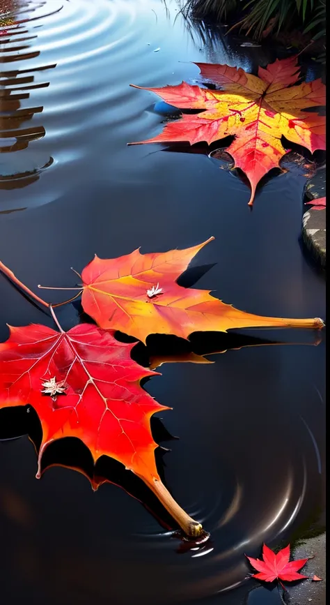 Red leaf lying on a puddle