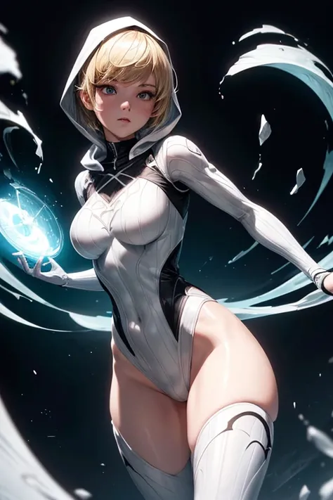 girl, short blond hair, comic accurate Gwen Stacey Ghost Spider costume, white and black costupe with hood, combat stance, highly detailed, vibrant appearance, creative behavior, extremly detailed, imaginative, sensual, spontaneous, small breasts, sexi, re...