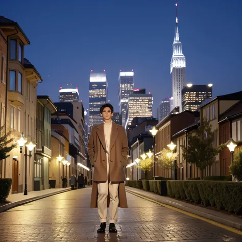 best qualtiy， tmasterpiece， （Photorealsitic：1.4）， 1boys， 独奏， short detailed hair， largeeyes， Brown coat，围巾， （（The upper part of the body：1.3）），illuminating， looking at viewert， standing on your feet， outdoor cityscape， the street， buildings，