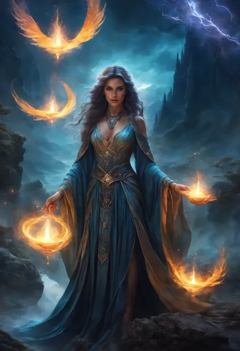 a sorceress,spell casting,beautiful detailed eyes and face,flowing magical robes,amazing powers and abilities,mystical aura,engaging pose and gesture,fantasy landscape,surreal colors,dramatic lighting,unreal world,mesmerizing and mysterious aesthetics,ench...