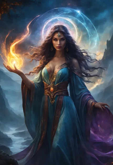 a sorceress,spell casting,beautiful detailed eyes and face,flowing magical robes,amazing powers and abilities,mystical aura,engaging pose and gesture,fantasy landscape,surreal colors,dramatic lighting,unreal world,mesmerizing and mysterious aesthetics,ench...