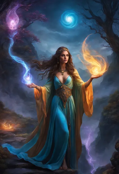 a sorceress,spell casting,beautiful detailed eyes and face,flowing magical robes,amazing powers and abilities,mystical aura,engaging pose and gesture,fantasy landscape,surreal colors,dramatic lighting,unreal world,mesmerizing and mysterious aesthetics,ench...