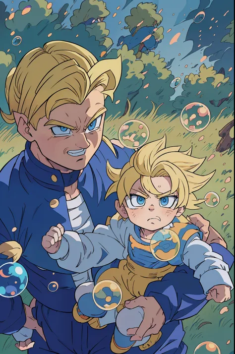 araffe man holding a baby in a park with bubbles, HD, ((super saiyan)),(drawing, manga, ((masterpiece)) 4k, ((manga-style)) drawing style, character concept, super saiyan shape, ((blonde hair:1.3)), blue eyes, Son Goku, (spiked up hair),