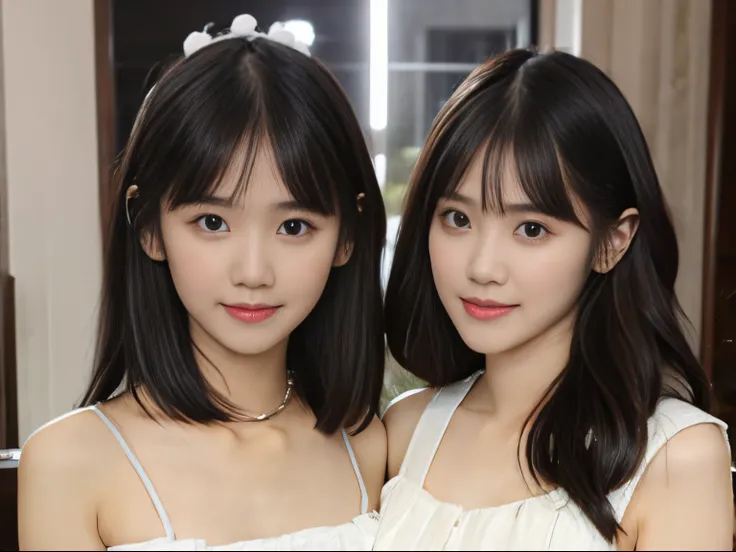 masutepiece, Best Quality, ２People Girls, (a beauty girl, kawaii:1.3), (with a 15 year old girl２０Year old girl), Very fine eye definition, (Symmetrical eyes:1.3), (stage), (idol costume:1.3), Beautiful breasts, Brown eyes, １person has brown hair、２person ha...