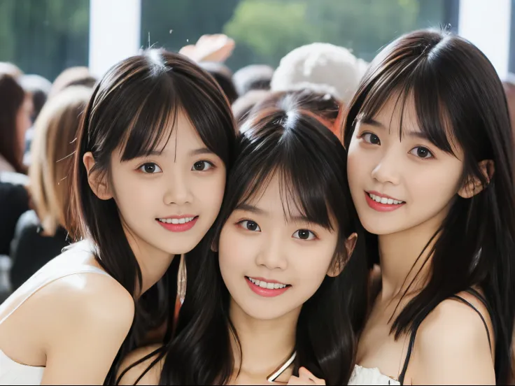 masutepiece, Best Quality, ２People Girls, (a beauty girl, kawaii:1.3), (with a 15 year old girl２０Year old girl), Very fine eye definition, (Symmetrical eyes:1.3), (stage), (idol costume:1.3), Beautiful breasts, Brown eyes, １person has brown hair、２person ha...