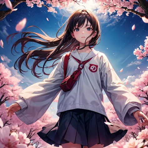 best quality, movie still, cinematic, a boy and a girl, clouds, floating in the sky, surrounded by a spiral of cherry blossoms,effect of small red hearts, bright, happy, low camera angle (sparks:0.9)