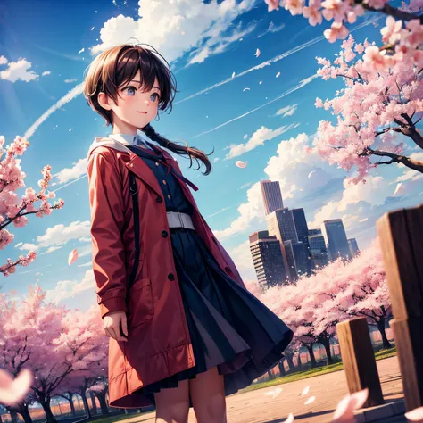 best quality, movie still, cinematic, a boy and a girl, clouds, floating in the sky, surrounded by a spiral of cherry blossoms,effect of small red hearts, bright, happy, low camera angle (sparks:0.9)