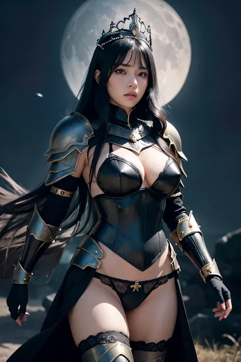 Female , Black hair , Large breasts，Black armor panty，tiara crown，dramatics , in the black moon ,