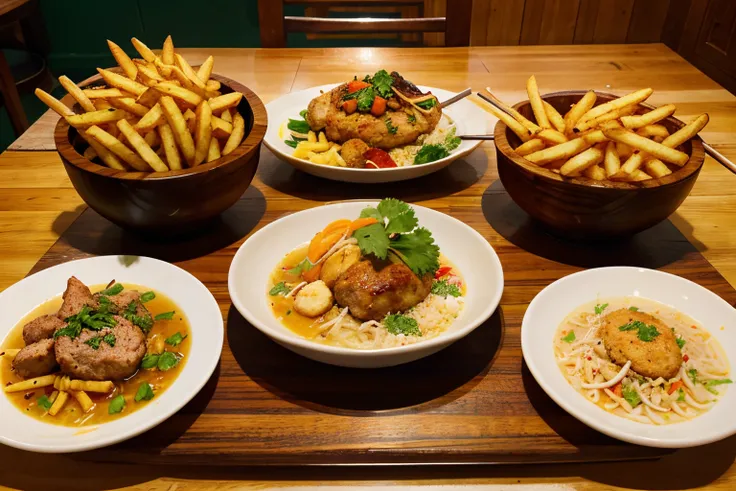 5 dishes, 1 dish on the board pork kebab, 2 course rice with fried chicken, 3 course tom yum soup, 4th course side dish French fries in a colorful beautiful plate, 5th dish fried fish, on a wooden table, brightly.