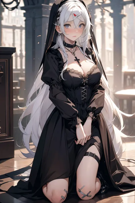 best quality, masterpiece, solo, 1 girl, nun, white hair, long hair, medium breasts, cleavage dress, gothic lolita, black silk stocking, high heels, hair ribbon, black blindfold, cross necklace, collar, chains, handcuffs, bandaid, nose blush , kneeling, in...