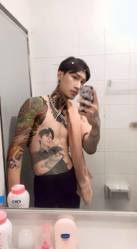 There was a man taking a selfie in front of a mirror.., With tattoos, ink, All tattoos, Fully tattooed body, full body image, Inspired by Randy Vargas, Tattoos all over the skin, 2 2 years old, 2 3 years old, Diego Koi, 2 7 years old, Inspired by Xie Huan,...