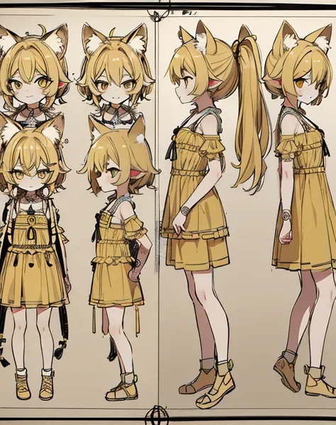 (Character Sheet,two different angles,Lateral face,frontage),Solo,A teenage girl , highlighted yellow hair, Wearing a cute dress ,line-drawing ,Cats ears ,Character Sheet Details, Highly detailed body parts,Lori,Natural Character