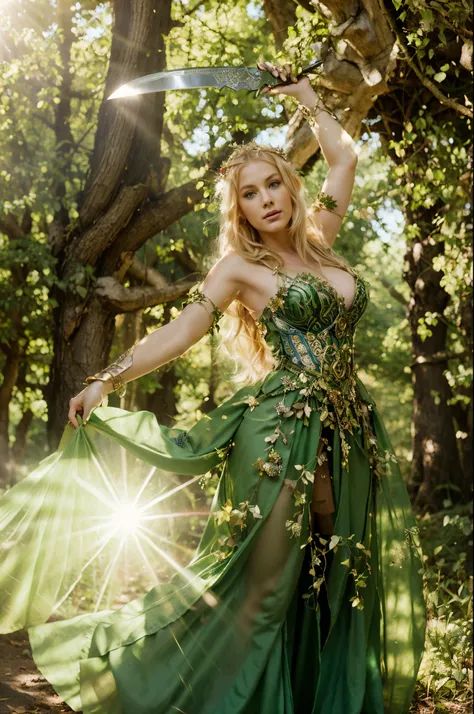 blond woman in green dress holding a sword in a forest, fantasy photoshoot, blonde elvish empress, fey queen of the summer forest, nature goddess, autumnal empress, queen of the forest, beautiful elven princess, elven princess, queen of nature, goddess of ...