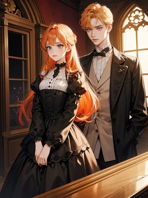 (absurdres, highres, ultra detailed), couple, 1 boy 1 girl, different hair color, (1 female with long red-orange hair wearing black nightgown, facing the front, looking to the side, blushing expression), (1 tall male with blonde hair, wearing a white shirt...