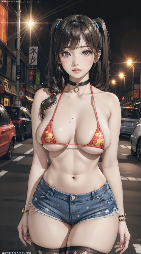 (masterpiece, best quality, ultra-detailed, 8k wallpaper, by artgerm), 1 girl, curvaceous but slender body, huge breasts, printed colorful micro bikini top, printed shrug, shorts, thighhighs, bangles, choker, twintails wavy hair, city streets, street light...