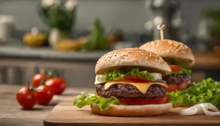 two hamburgers with cheese, onions, and tomatoes on a wooden cutting board, hamburgers, serving burgers, operating on burgers, high quality food photography, cheeseburger, shutterstock, big juicy burger, professional food photography, burger, eating burger...