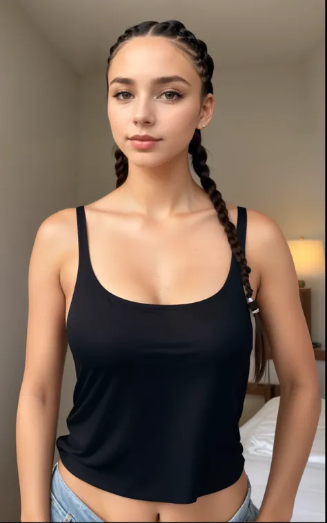 plucked woman with braids in a black blouse standing in a room, she is wearing a black tank top, usando uma camiseta regata de corte baixo, tanque preto apertado, usando uma camiseta regata, Retrato Sophie Mudd, usando regata, vestindo um bodysuit preto, u...