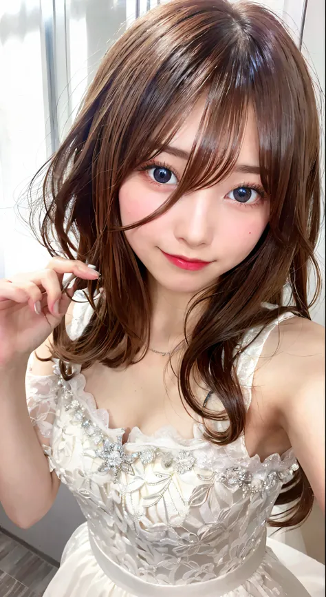 nakano miku, Brown hair, hair between eye、wedding dress:1.4、look at viewr,A smile,cute little、elementary student