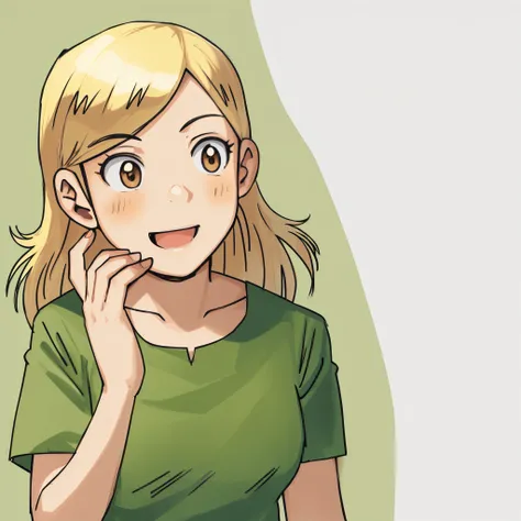 Perfect anime face, flat anime style shading, blond hair, smooth hair, brown eyes, bright green dress, hands on cheeks, smile