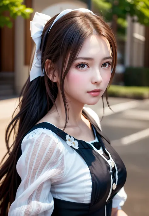 8K, of the highest quality, masutepiece:1.2), (Realistic, Photorealsitic:1.37), of the highest quality, masutepiece, Beautiful young woman, Pensive expression,、A charming、and an inviting look, Cute Maid Clothes, Hair tied back, Cinematic background, Light ...