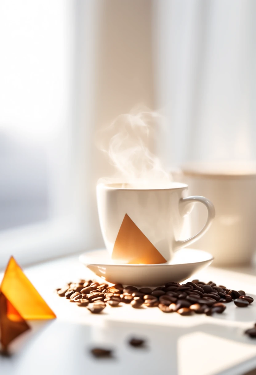 City autumn, windowsill, drinking coffee, hot air, close-up coffee, triangular composition, still life advertising, white screen slightly fluttering, Canon 5D4